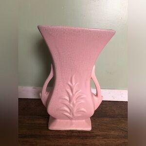 McCoy Vintage Pink/Peach Art Deco Pottery Double-Handled Vase 8” Tall Granny